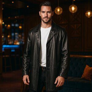 VINTAGE Perry Ellis Portfolio XL Black Leather Coat VTG🧥🍂 FallStaple